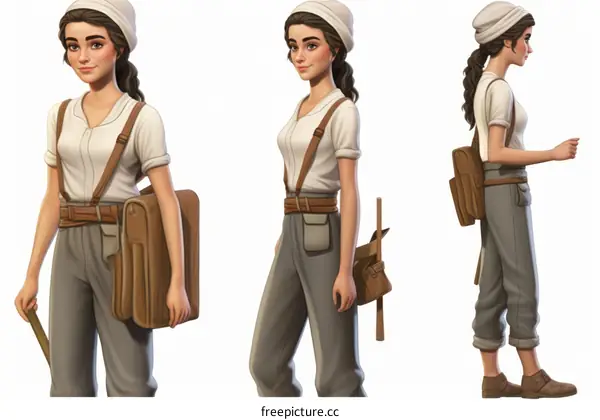 A woman wearing a white shirt, brown pants, and a brown bag