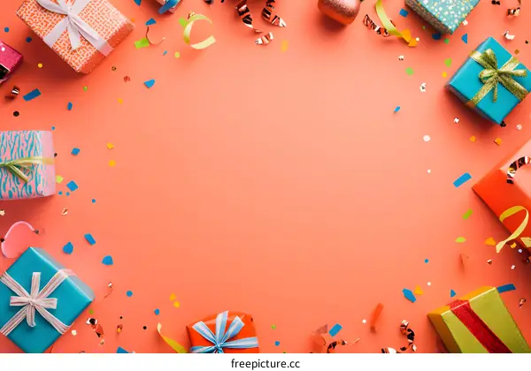 Colorful Gift Boxes with Confetti on Coral Background