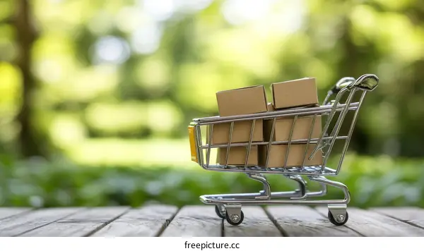 Small Shopping Cart Filled with Cardboard Boxes in a Green Natural Setting