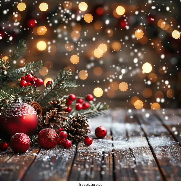 Christmas background with fir branches, red berries, pine cones and Christmas ball