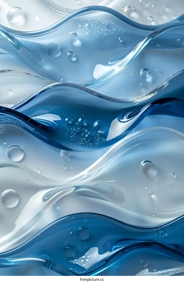 Blue and white waves of liquid with bubbles