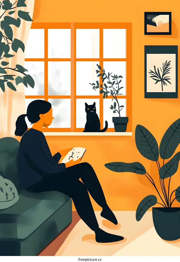 Woman Sitting on Couch with Cat in Window