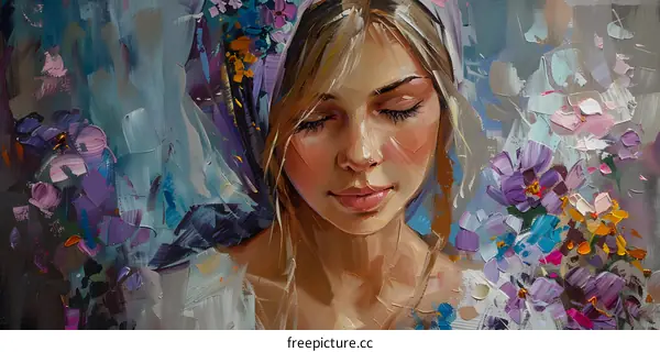 Oil painting of blonde woman with flowers