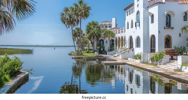 Large white house with palm trees by the water