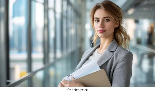 portrait of a young businesswoman standing in an office building with windows in the background
