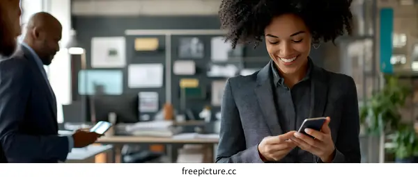 Businesswoman Uses Phone in Modern Office