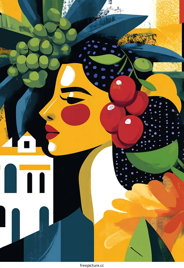 Abstract Colorful Portrait of a Woman with Flowers and Fruit