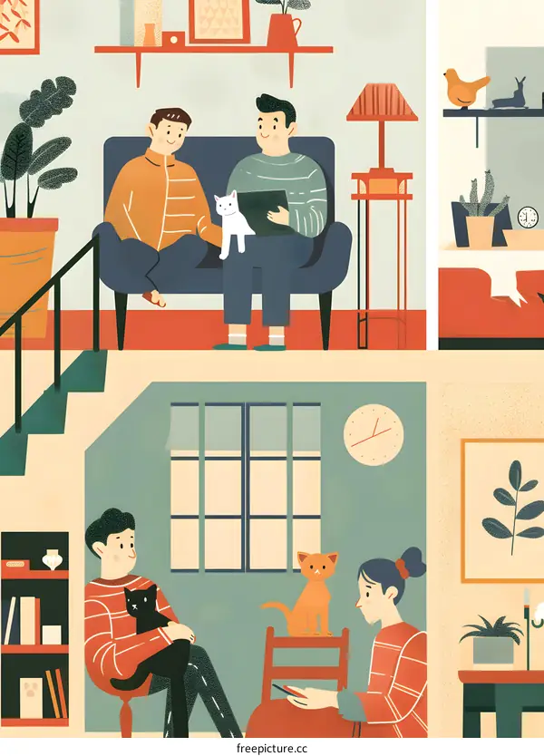 Friends Gathering in Cozy Living Room with Cats