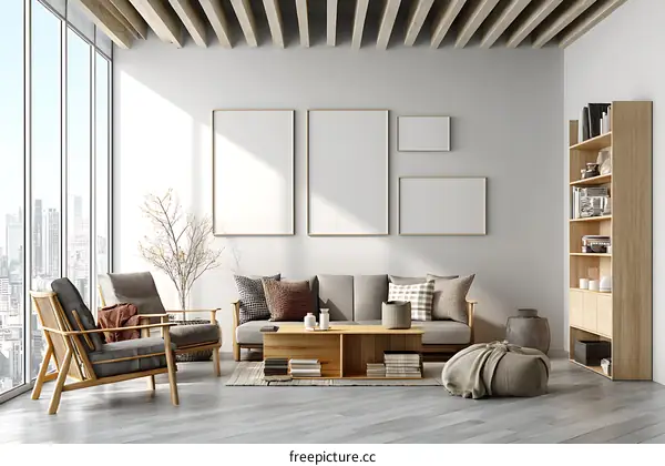 Modern Minimalist Living Room Mockup with Wooden Furniture