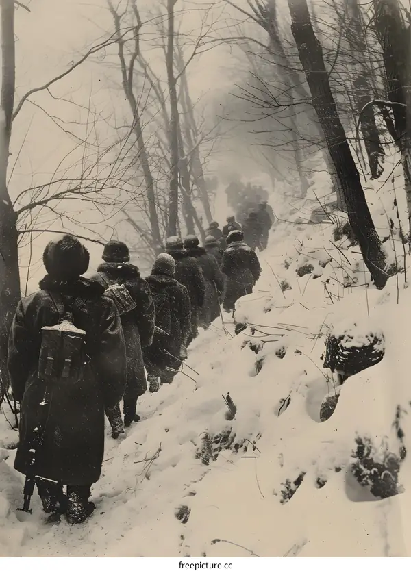 A group of soldiers walking through the snow in a forest during the Korean War.