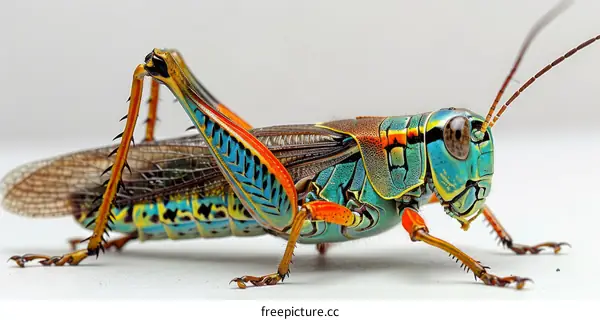 A Colorful Grasshopper On A White Background