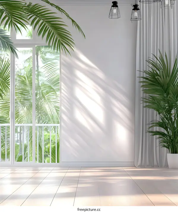 Minimalist Tropical Living Room Interior Design with White Wall and Wooden Floor