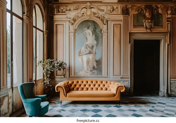 Antique Sofa in Grand Hall with Ornate Walls and Fresco