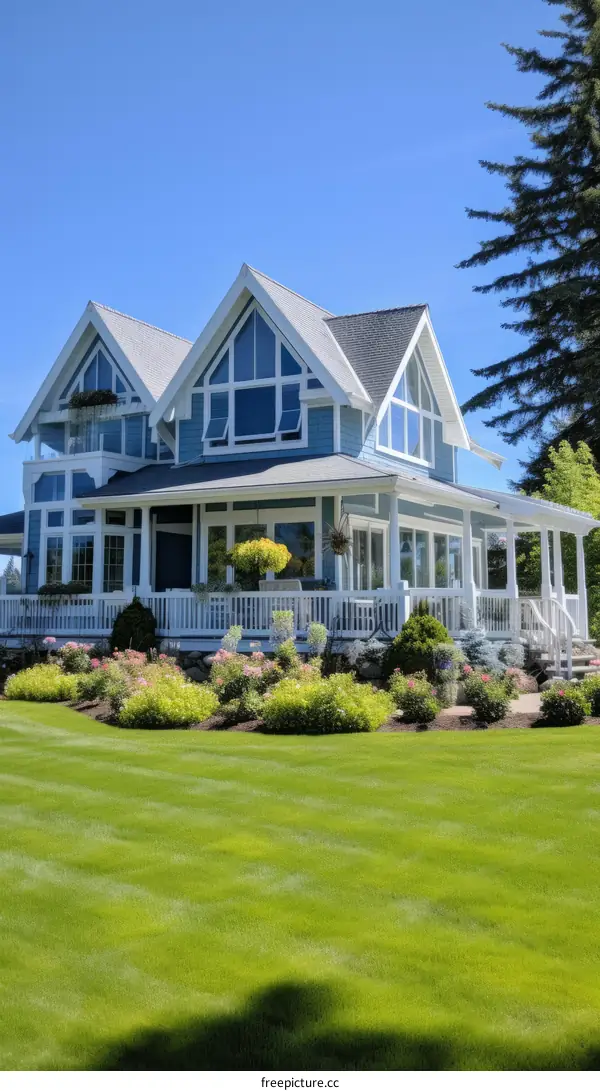 Large two-story blue house with a big green lawn and lots of flowers
