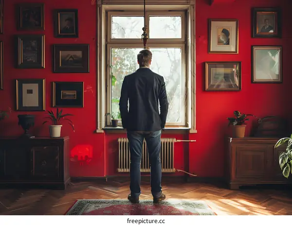 Man standing with his back turned in a room with red walls and many paintings