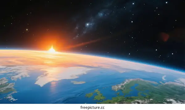 Sunrise Over Earth with Stars and Cosmic Background