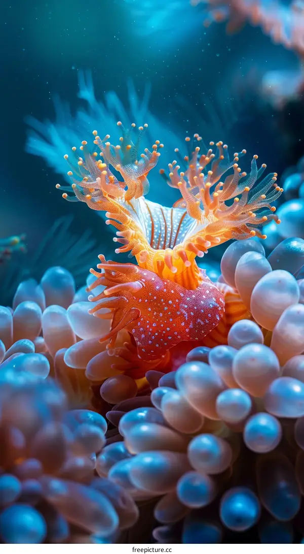 Underwater Close-up of Orange and White Sea Anemone