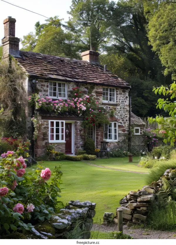 Stone cottage with garden full of flowers