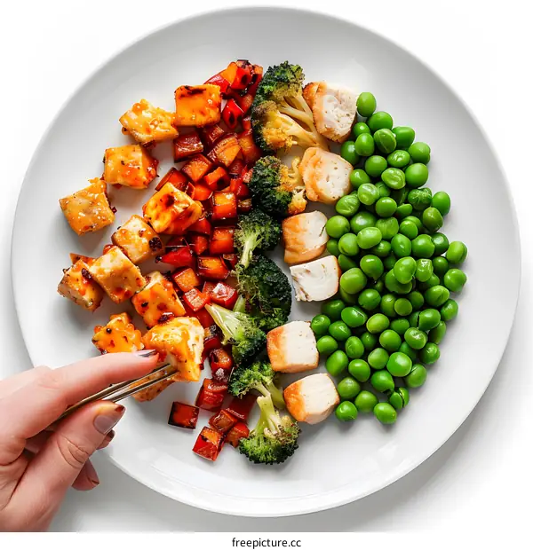 Healthy Plate of Tofu Chicken Broccoli and Peas