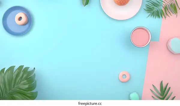 Flat Lay Photography with Pastel Colored Objects and Tropical Leaves