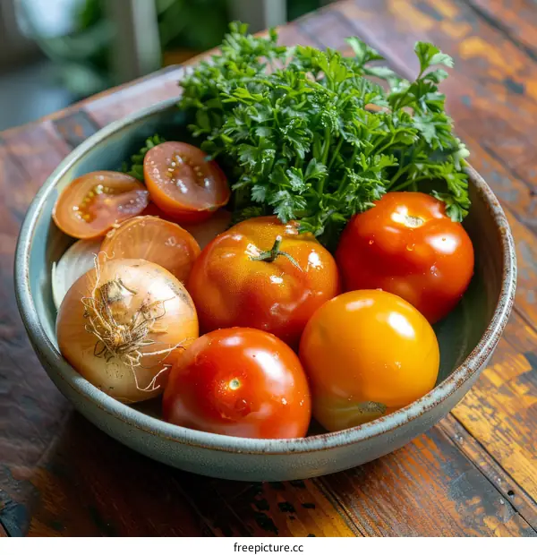 A bowl of tomatoes, onion and parsley
