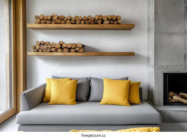 Modern Cozy Living Room with Wooden Shelves and Grey Sofa