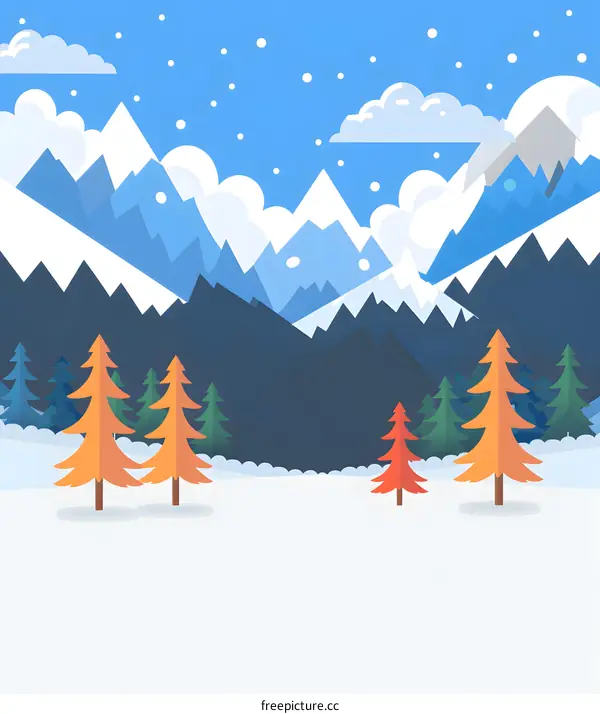 Winter Landscape with Snow Covered Mountains and Pine Trees