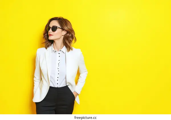Elegant Woman in White Blazer and Black Pants Fashion Studio Photo