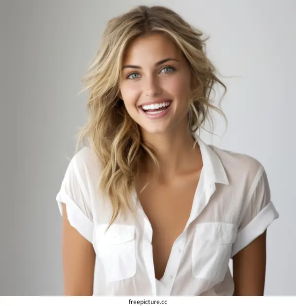 Beautiful blonde woman smiling wearing white shirt