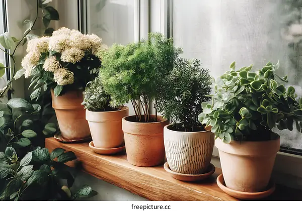 Indoor Plants on a Wooden Window Sill