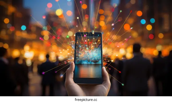 A hand holding a smartphone with a colorful light burst in the background