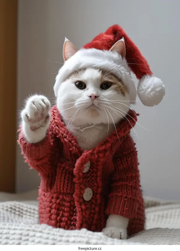 A cat wearing a Santa hat is sitting on a bed and raising its paw