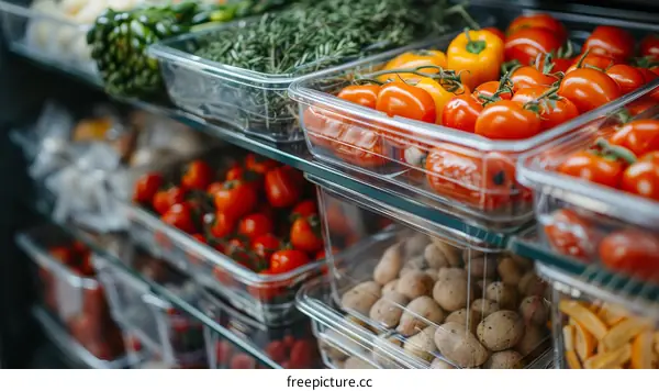 Fresh vegetables and fruits in plastic containers on shelves in a grocery store