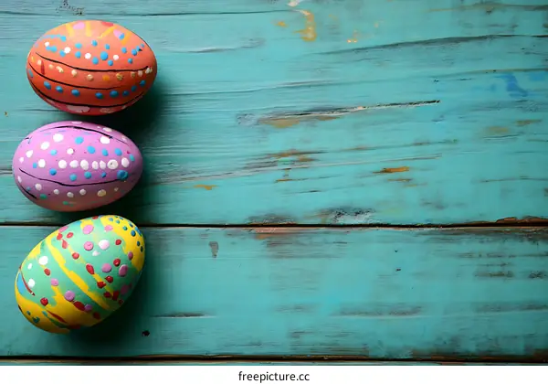Painted Easter Eggs on Teal Wooden Background