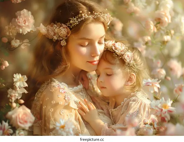 Mother and Daughter Embrace in Bloom