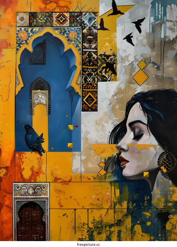 Abstract Art with Woman and Birds in a Middle Eastern Style
