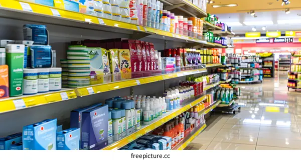 Grocery Store Aisle with Products on Shelves