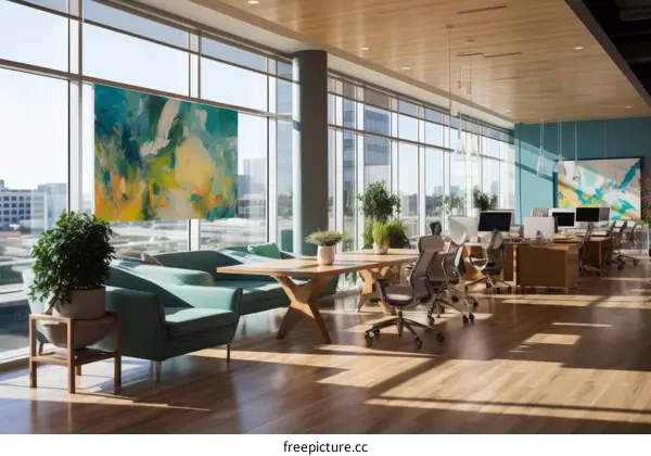 Modern office interior with large windows, plants, and a blue sofa