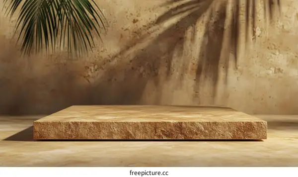 Beige Wooden Display Platform with Palm Shadow