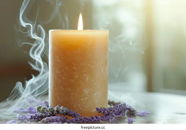 Close up of a burning candle with lavender flowers