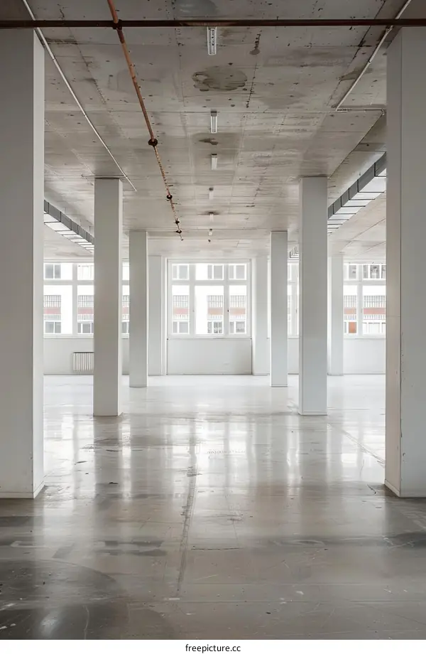 An empty room with concrete columns and large windows