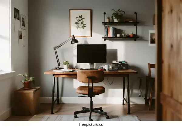 A neat and tidy home office setup with desk and computer