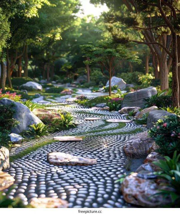 Tranquil Japanese Garden Pathway Illustration