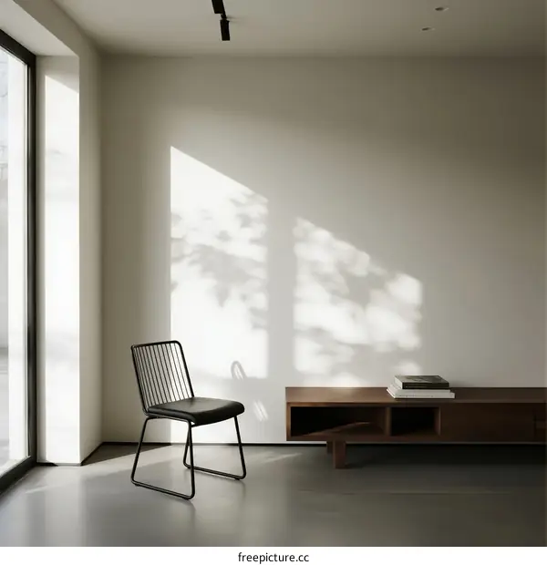 A Minimalist Room with Black Chair and Wooden Shelf