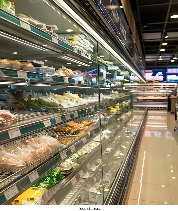 Refrigerated Display Case in Grocery Store with Fresh Food