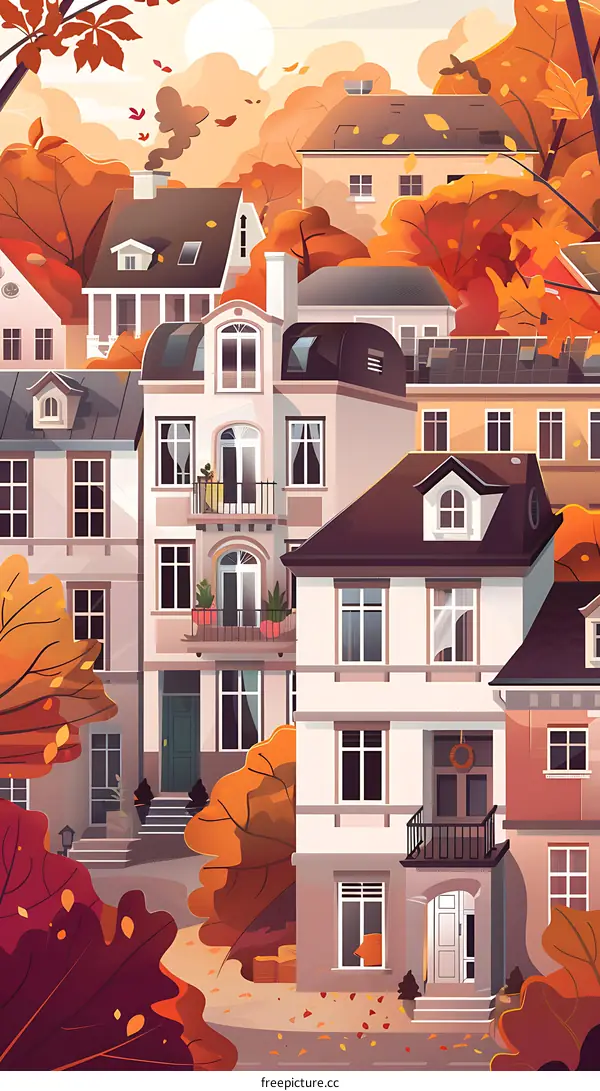Autumnal Cityscape With Buildings And Trees