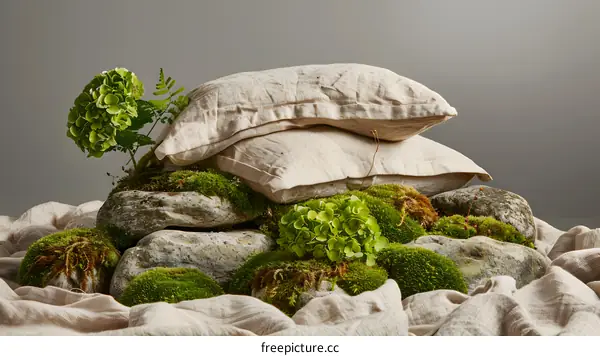 Stack of Pillows on Moss Covered Rocks
