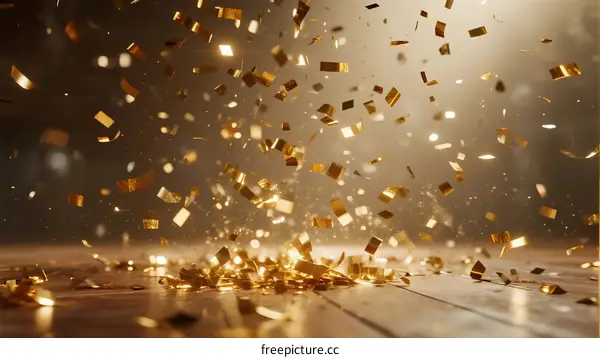 Golden confetti falling on wooden floor during celebration event