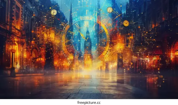 Retro futuristic city street with glowing clocks