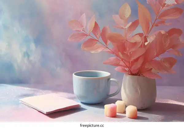Pastel Pink and Blue Floral Still Life with Coffee Cup